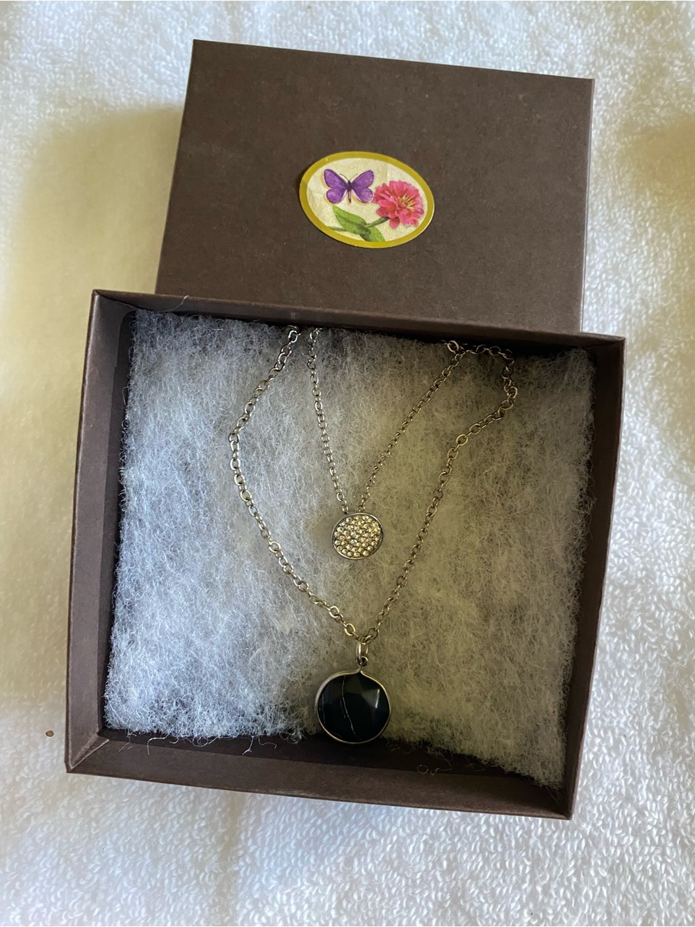 Silver Layered Necklace with Black Stone and Pavé Disc